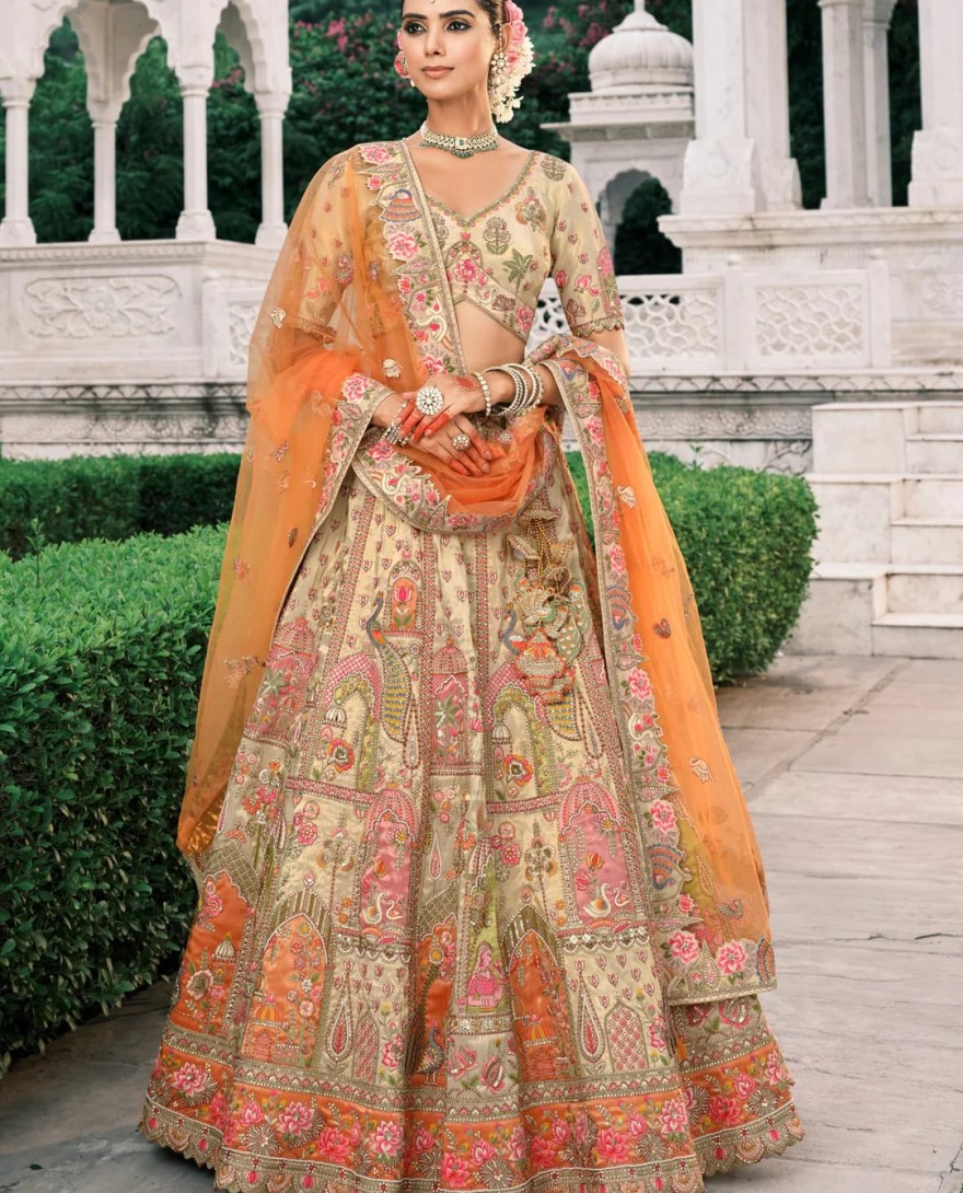 Beige - Beige & Orange Fancy Silk Lehenga Choli With Cut Work Embroidery Border & Stone Work